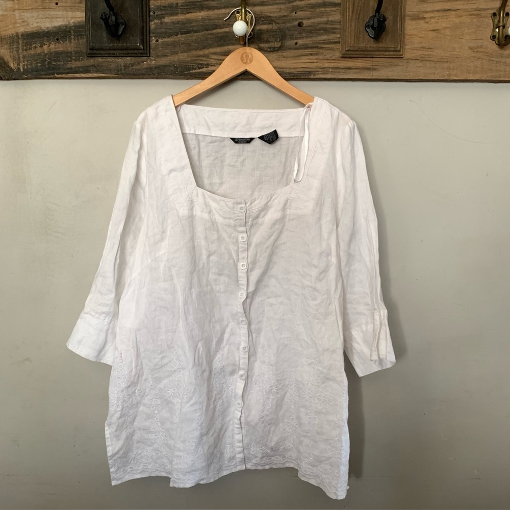 white embroidered floral linen tunic blouse square neck